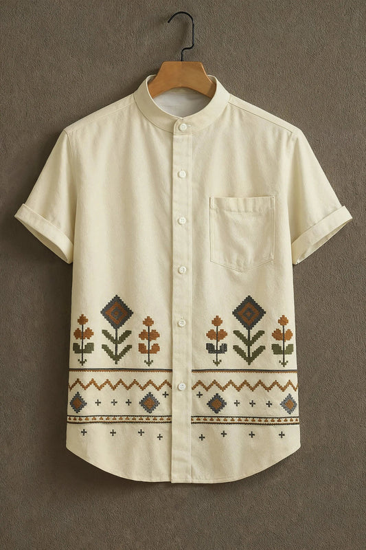 Cream Casual Shirt with Tribal Floral Print