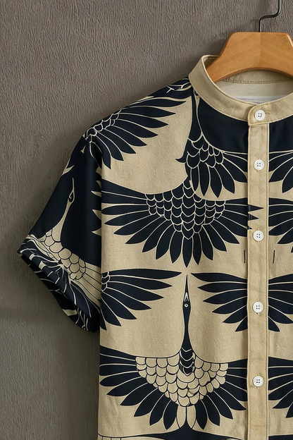 Black Casual Shirt with Crane Print