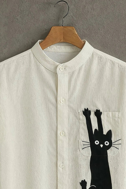 Cream Casual Shirt with Cat Print