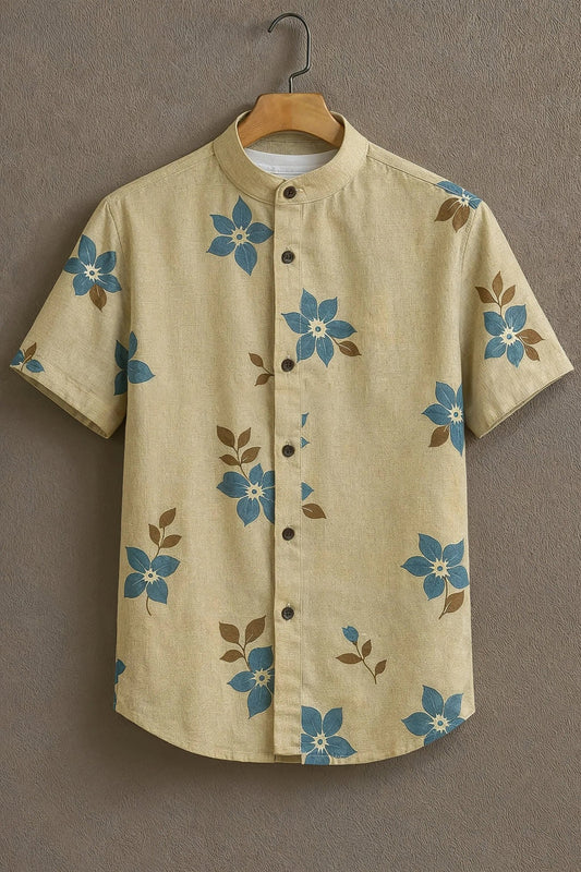 Beige Casual Shirt with Blue Floral Print