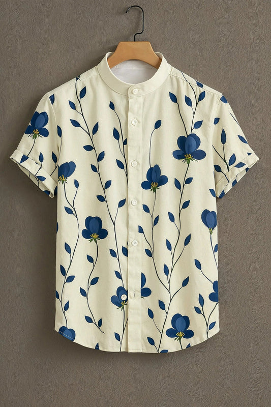 Cream Casual Shirt with Blue Floral Print
