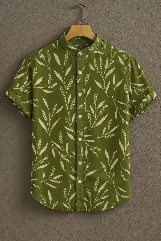 Green Casual Shirt with Leaf Print