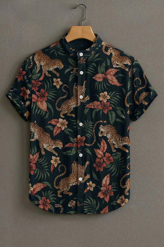 Black Casual Shirt with Leopard & Floral Print