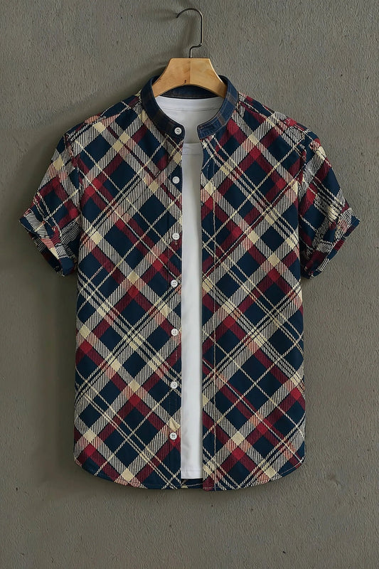 Navy Casual Shirt with Red Check Print